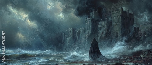 A dramatic background of a dark stormy sky, a giant asteroid hit by a meteorite, and an old fortress under attack. photo