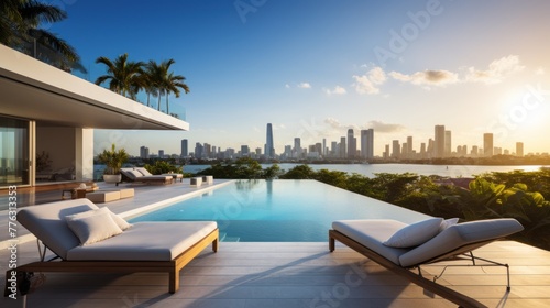 Modern villa with a private rooftop infinity pool overlooking the Miami skyline in Florida