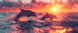 Beautiful sea sunset, jumping dolphins