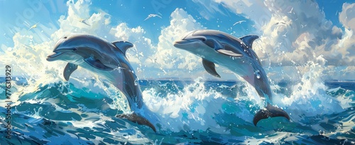 White clouds  blue sea  and jumping dolphins