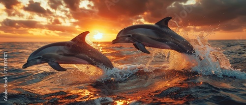 A beautiful red sunset on the sea with jumping dolphins in the background