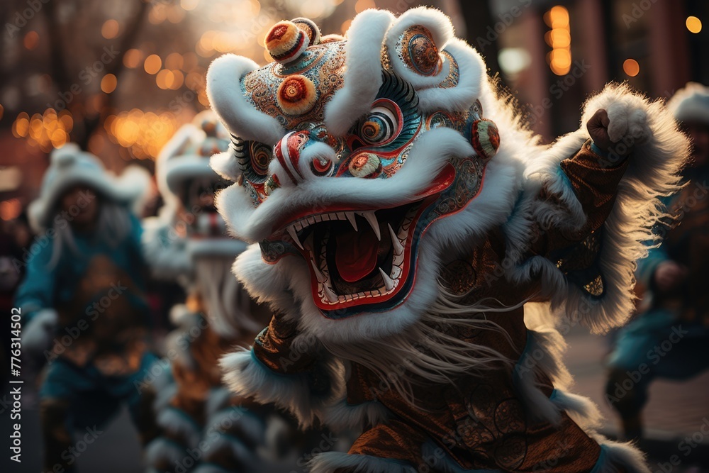 Obraz premium Chinese Martial dragon dances in city religious culture chinese new year day concept Generative AI