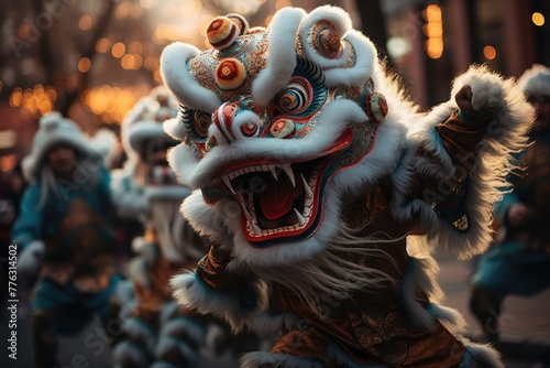 Chinese Martial dragon dances in city religious culture chinese new year day concept Generative AI photo
