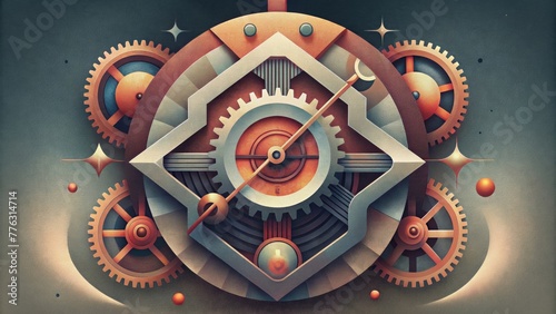 A geometric abstraction of a mechanical clock with the intricately designed cogs and wheels overlapping and intertwining. photo