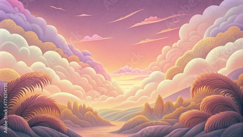 An otherworldly landscape of feathery clouds in shades of pink and gold like a dreamy fairyland.