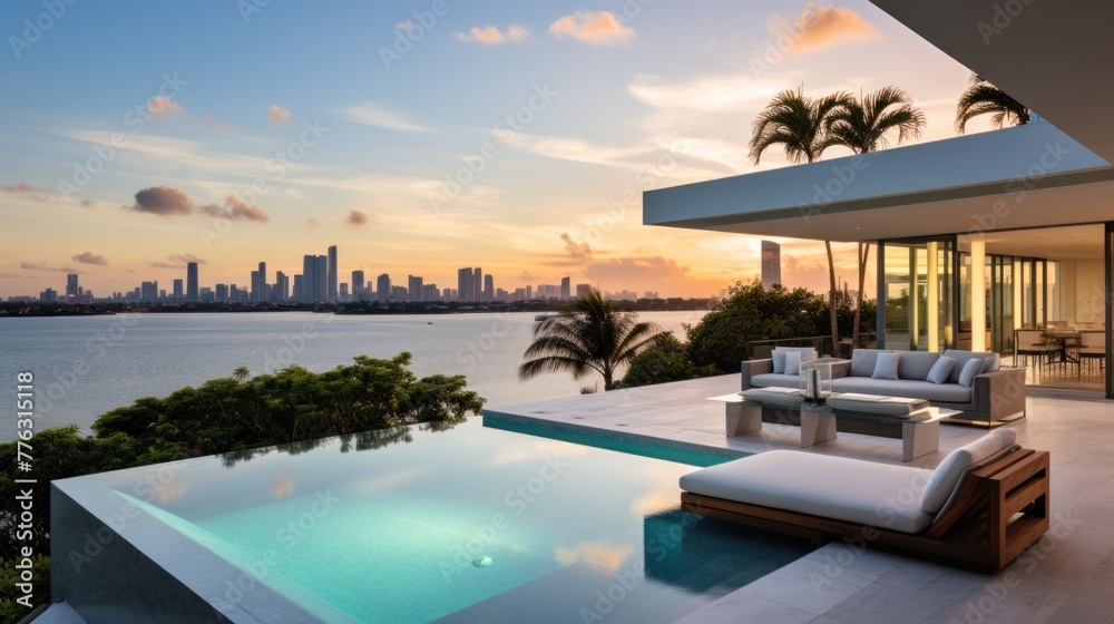 Fototapeta premium Modern villa with a private rooftop infinity pool overlooking the Miami skyline in Florida