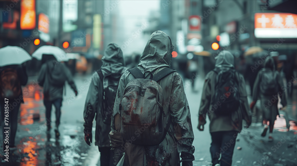 Selective focus of Zombies are walking on the city streets. Selective focus of Zombies are walking on the city streets.