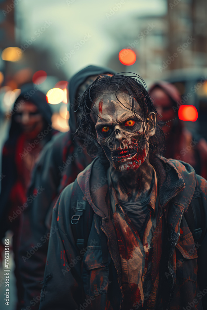 Selective focus of Zombies are walking on the city streets. Selective focus of Zombies are walking on the city streets.