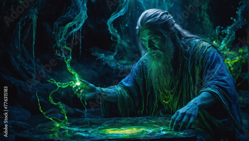 In the ethereal digitalized world of watercolor, a mesmerizing bioluminescent sorcerer emerges, his body pulsing with vibrant hues of glowing greens and blues.