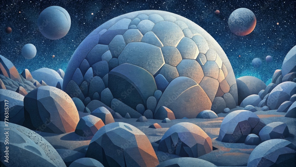 Obraz premium A mosaic of distinctive lunar rocks and boulders forming a breathtaking mosaic of textures and shades.
