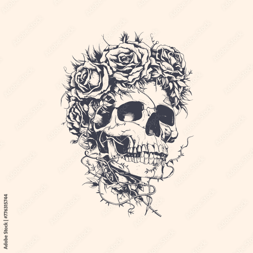 Fototapeta premium Detailed human skull with flowers and vines