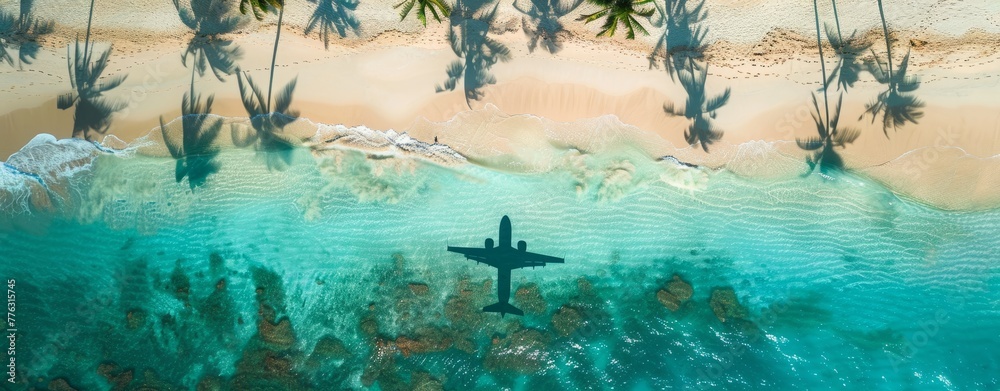 The reflection of the plane on the beach, the concept of travel