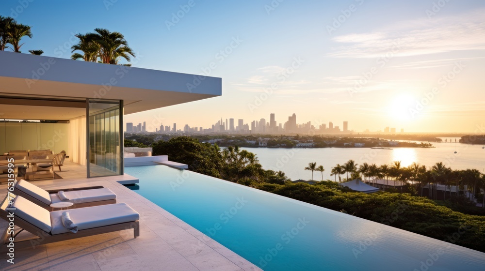 Obraz premium Modern villa with a private rooftop infinity pool overlooking the Miami skyline in Florida