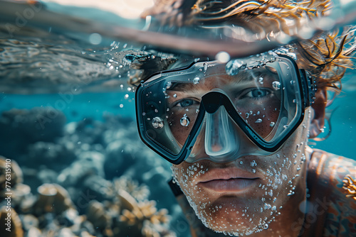 Selective focus of underwater photography, divers exploring colorful coral reefs and marine life.