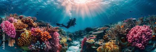 Selective focus of underwater photography  divers exploring colorful coral reefs and marine life.