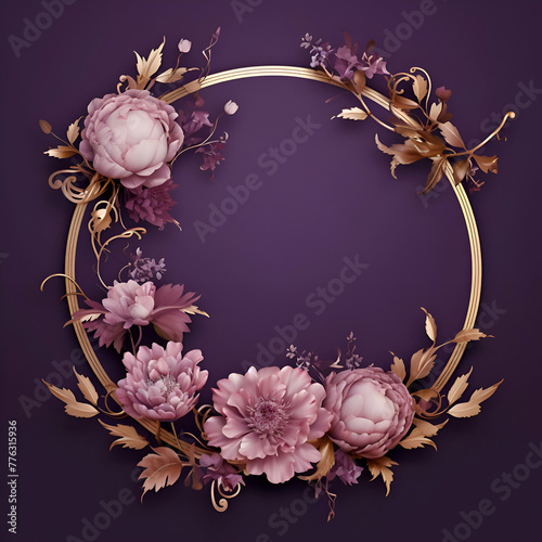 Round frame with peony flowers and leaves. Floral background.