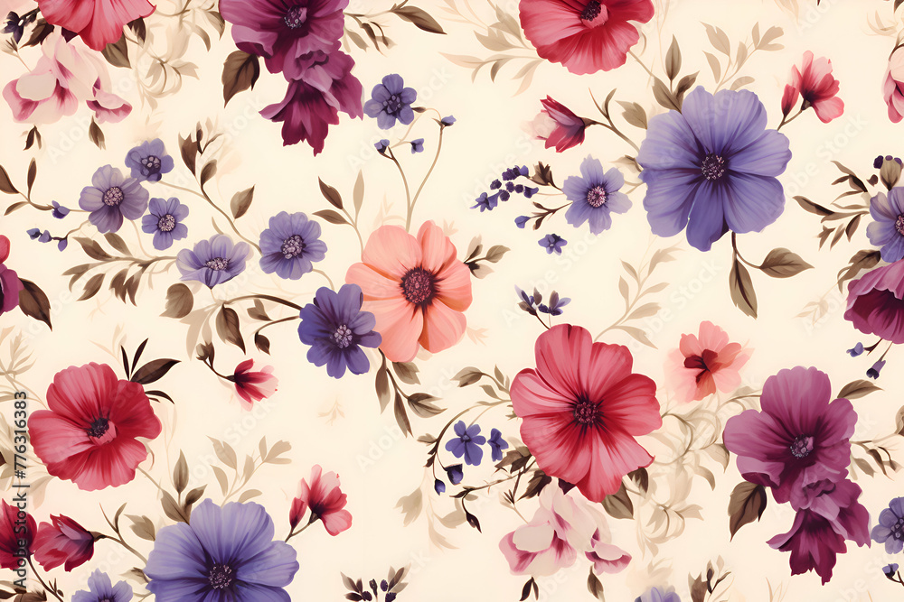 Seamless pattern with colorful flowers on beige background. Top view.