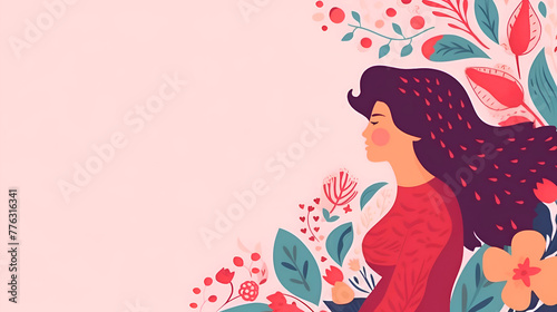  illustration of a beautiful woman with flowers and leaves on a pink background.