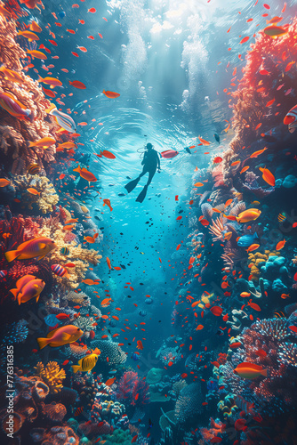 Selective focus of underwater photography, divers exploring colorful coral reefs and marine life.
