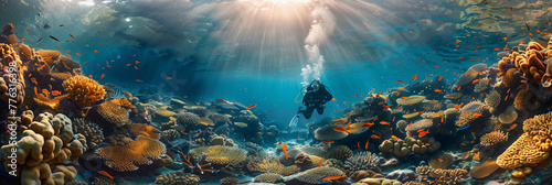 Selective focus of underwater photography, divers exploring colorful coral reefs and marine life. photo