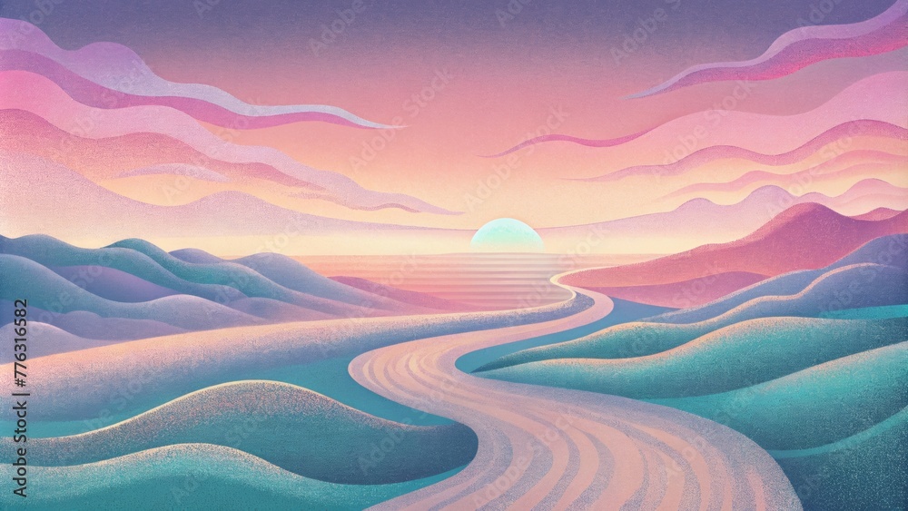 A dreamy landscape featuring soft pastelcolored retro waves stretching out to the horizon.