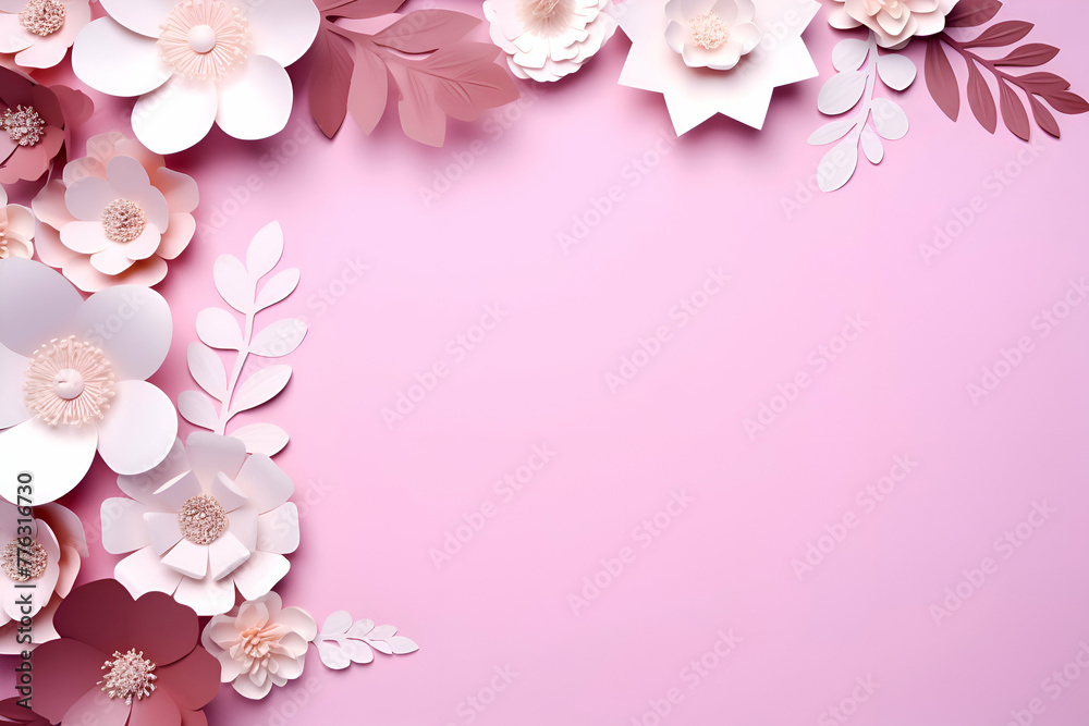 Paper flowers and leaves on a pink background. Place for text.