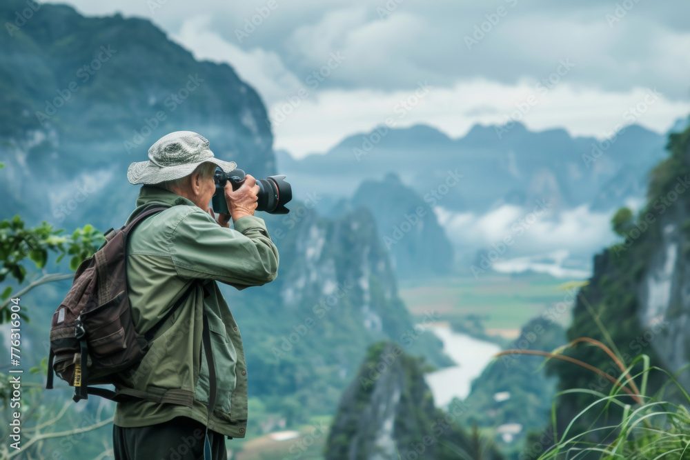 Senior Photographer Capturing Scenic Landscape