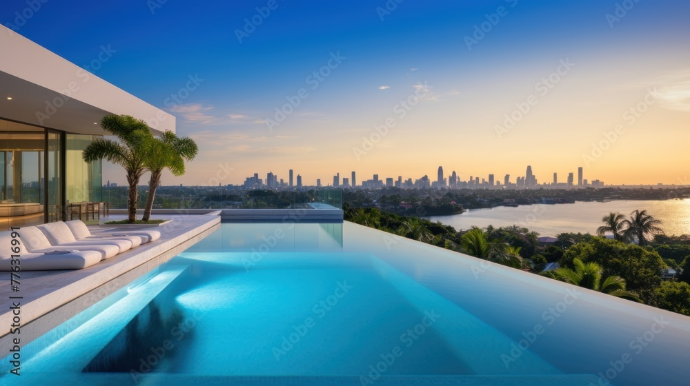 Fototapeta premium Modern villa with a private rooftop infinity pool overlooking the Miami skyline in Florida