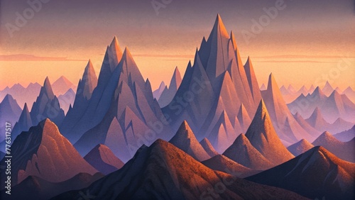 A photograph of a rocky mountain range the sharp jagged peaks standing out against a soft grainy gradient sunset sky. photo