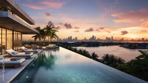 Modern villa with a private rooftop infinity pool overlooking the Miami skyline in Florida