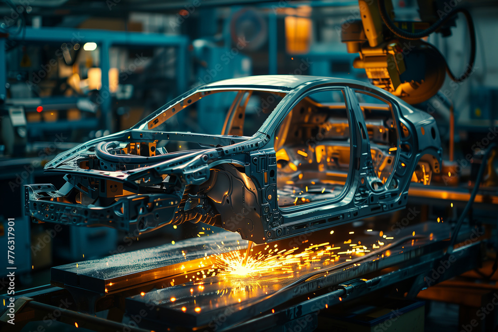 Selective focus of 3D rendering of a robot arm welding a car frame in a car assembly plant. Selective focus of 3D rendering of a robot arm welding a car frame in a car assembly plant.