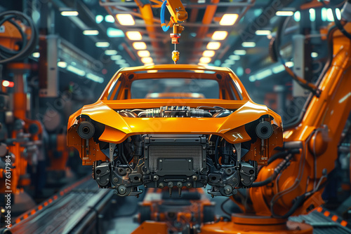 Selective focus of 3D rendering of a robot arm welding a car frame in a car assembly plant.