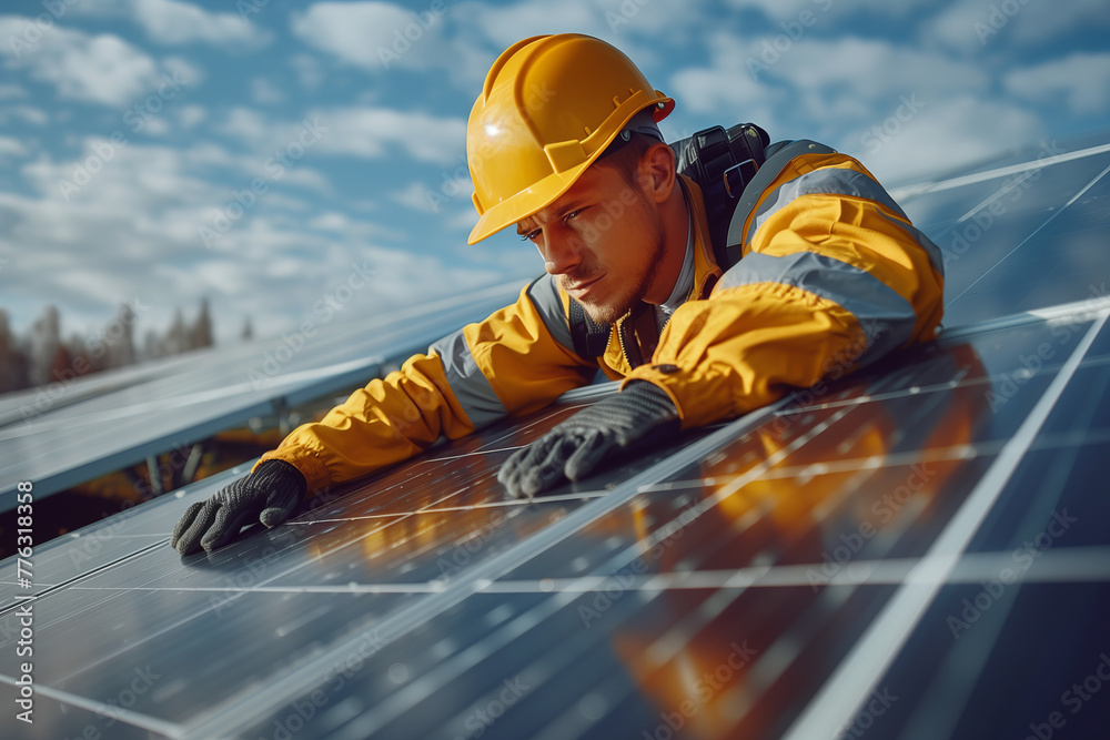 A technician is installing solar panels at a photovoltaic power station. A technician is installing solar panels at a photovoltaic power station.