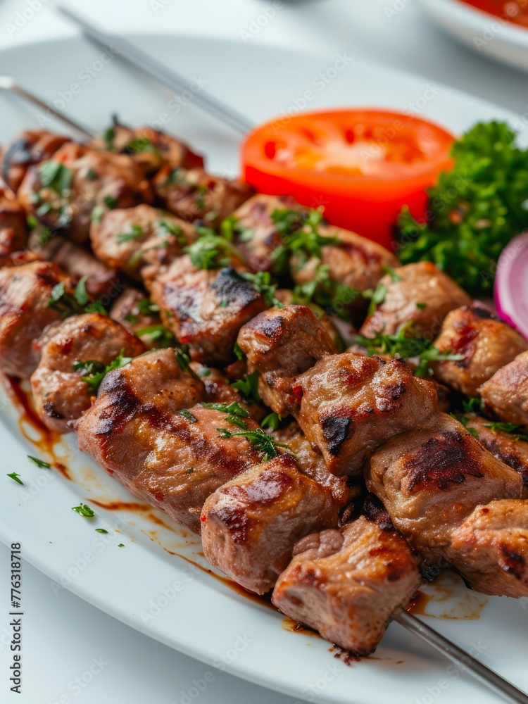 Plate of shish kebab on skewers with fresh vegetables.	