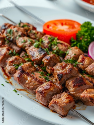 Plate of shish kebab on skewers with fresh vegetables.	