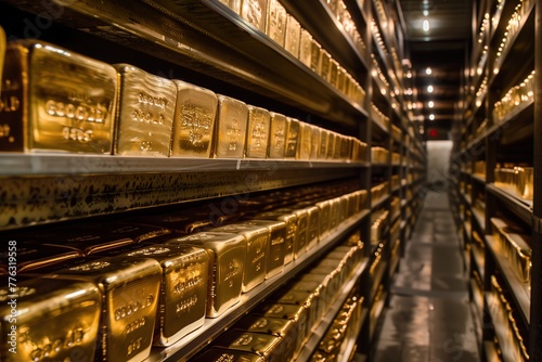 Shelves filled with gold bars in an underground vault. This scene evokes feelings of security and wealth.