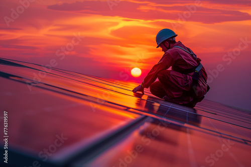 A technician is installing solar panels at a photovoltaic power station.