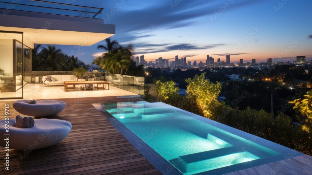 Fototapeta premium Modern villa with a private rooftop infinity pool overlooking the Miami skyline in Florida