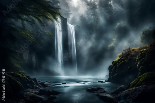 The waterfall seen through a veil of mist  creating an ethereal and dreamy atmosphere that transports you to another world
