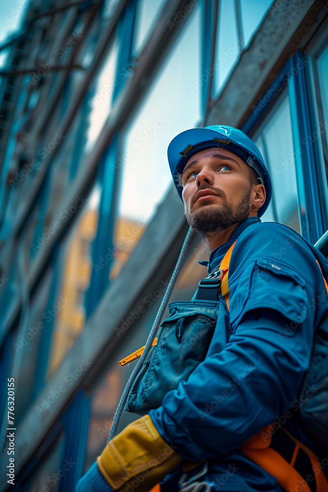 Caucasian male employee cleaning windows outside building. Caucasian male employee cleaning windows outside building.