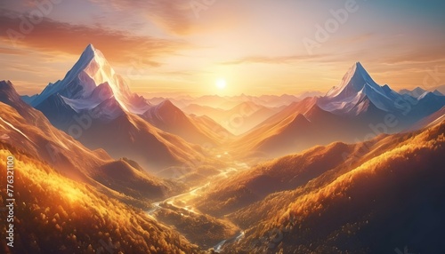 AI generated Fantasy stunning nature scence,beautiful mountain view in golden hour ,sunrise or sunset with golden light ,abstract background .