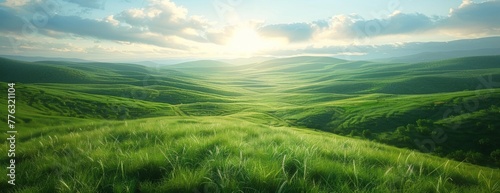 Expansive green hills rolling under a wide, open sky, the lush landscape basking in the soft light of early morning, a feeling of endless growth and the fresh breath of nature