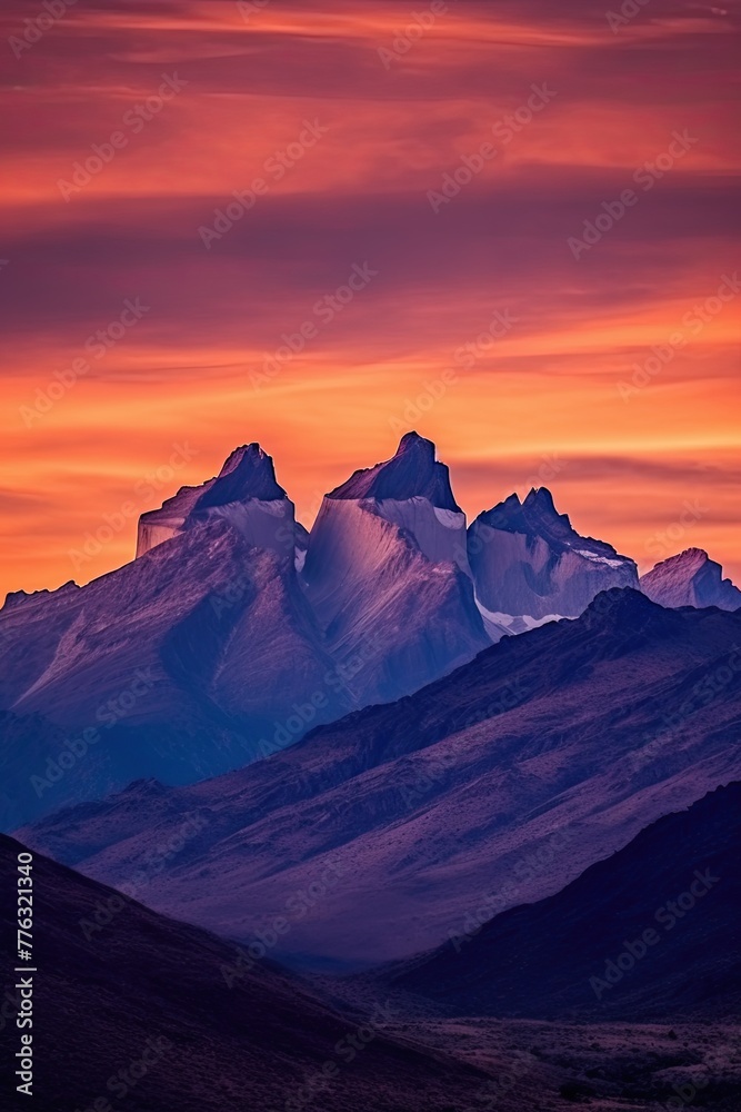 Silhouette of jagged mountain peaks with the sky painted in shades of orange, pink and purple colors, Silhouette of jagged mountain peaks with the sky painted in shades of orange, pink and purple colors,