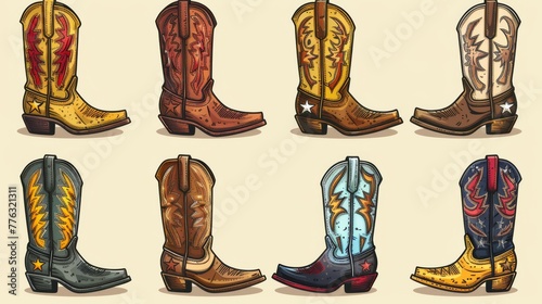 An assortment of cowboy boots is elegantly arranged in a minimalist style, depicted through bold black and white lines with minimalist details. The charming illustration showcases the variety of boots