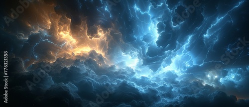 Bright lightning in dark stormy sky - dramatic nature background