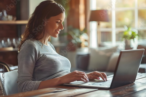 A pregnant woman sitting at a table using her laptop