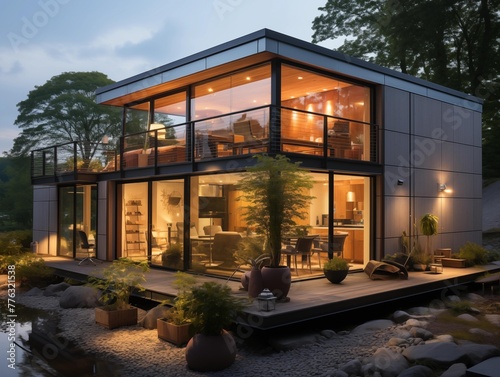 A family relaxes in their modern home by a river at dusk