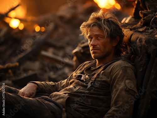 A Man Rests Amidst Ruins as Fires Burn at Dusk