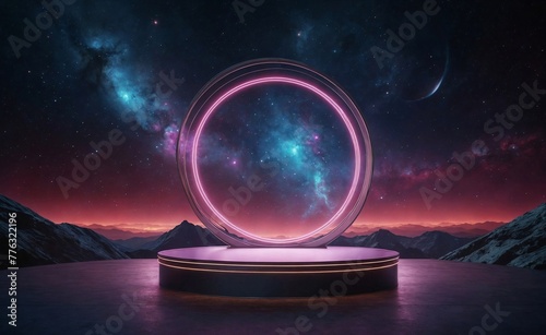 Realistic empty podium pedestal for product display with blue night space cosmos nebula and shining star magic galaxy scene. and neon lights. Template or cosmetic presentation