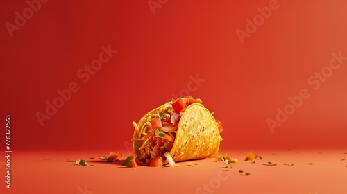 A taco rests on a crimson table against a vibrant red backdrop, creating an artistic composition with elements of cuisine and macro photography photo